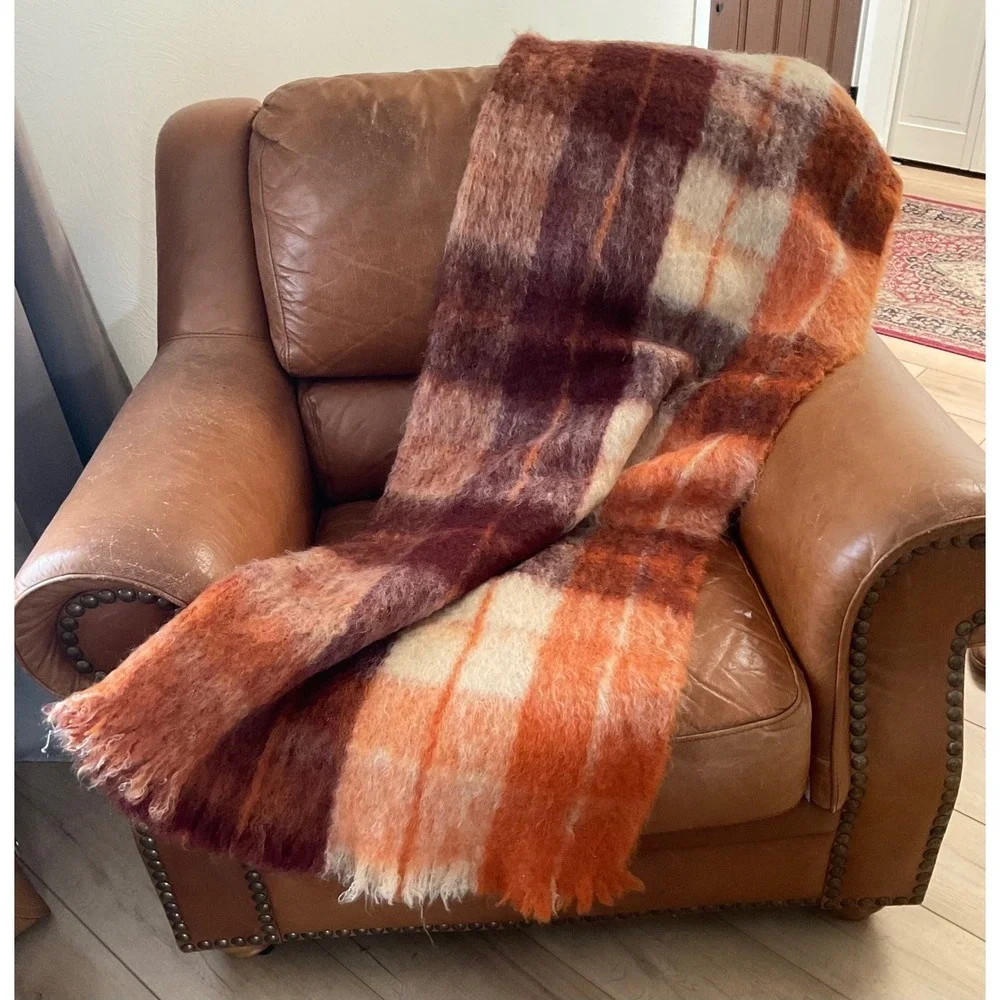 VTG Glen Cree Throw Blanket Plaid Mohair Wool Scotland Orange Burgundy Excellent